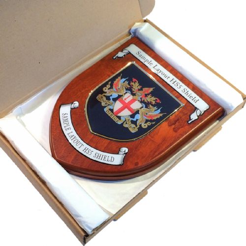 Presentation shield with shield shaped centrepiece and two seperate scrolls.